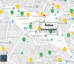 Map showing where to find defilibrators at AU campus in Aarhus.